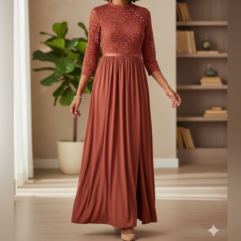 David's Bridal 3/4 Sleeve Gown in Warm Brown